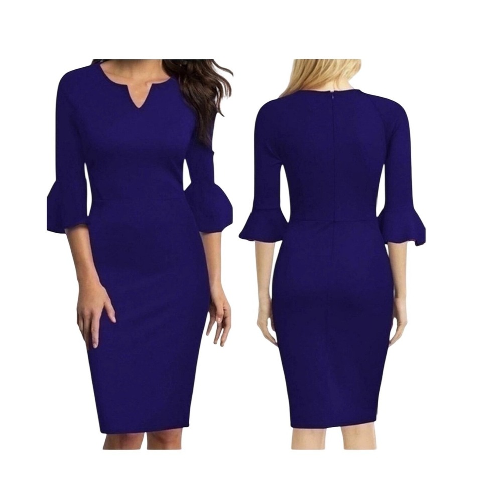 WOOSUNZE Women Purple Ruffle‎ Sleeve V Neck Sheath Dress Size S